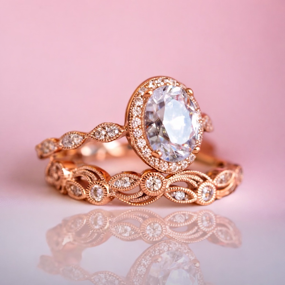 New White Sapphire Engagement Ring Wedding Set Handcrafted 18k Rose Gold Vermeil